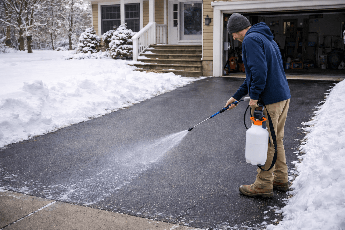 Homeowner applying IceShield to residential driveway